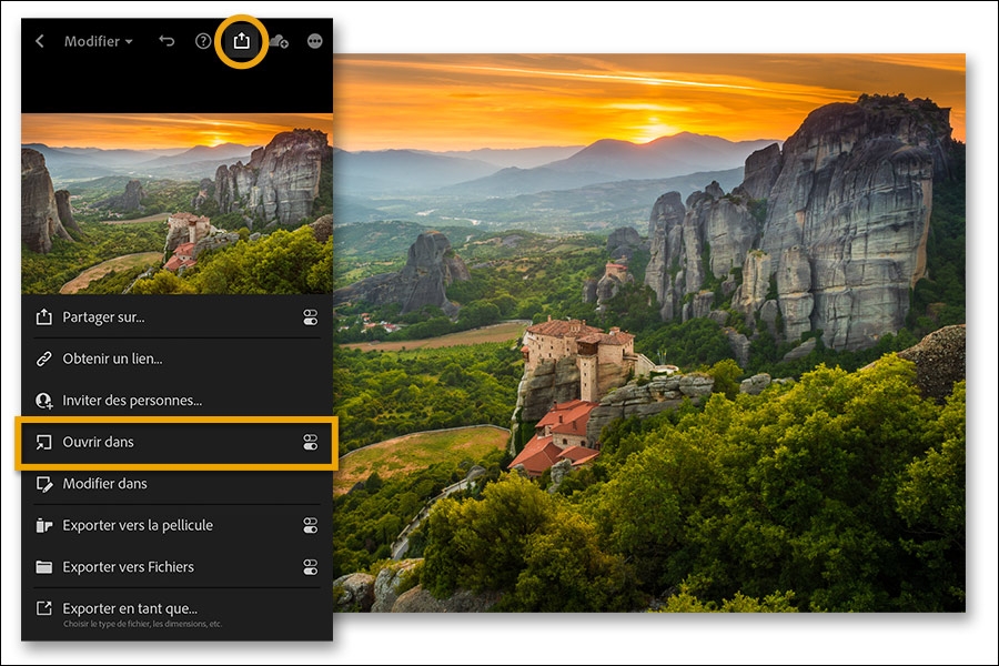 Appuyez sur Partager > Ouvrir dans, puis sur la plateforme de destination