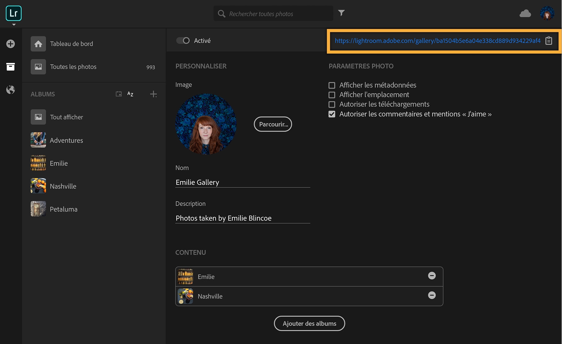 Copiez l’URL unique en haut de l’écran pour partager votre galerie web.