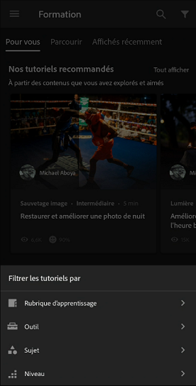 Filtre dans la section Formation