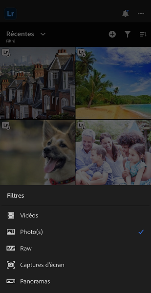 Capture d’écran des options de filtre dans la vue Appareil