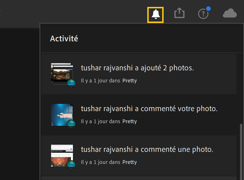 Panneau Activité dans Lightroom pour poste de travail