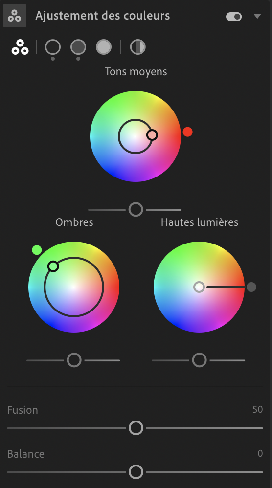 Curseurs Color Grading dans le panneau Couleur