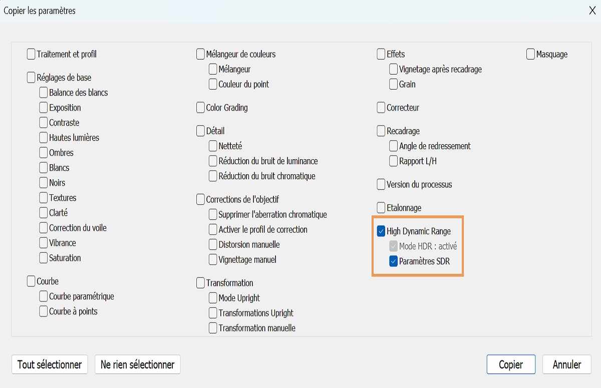 Paramètre de copier-coller pour le HDR