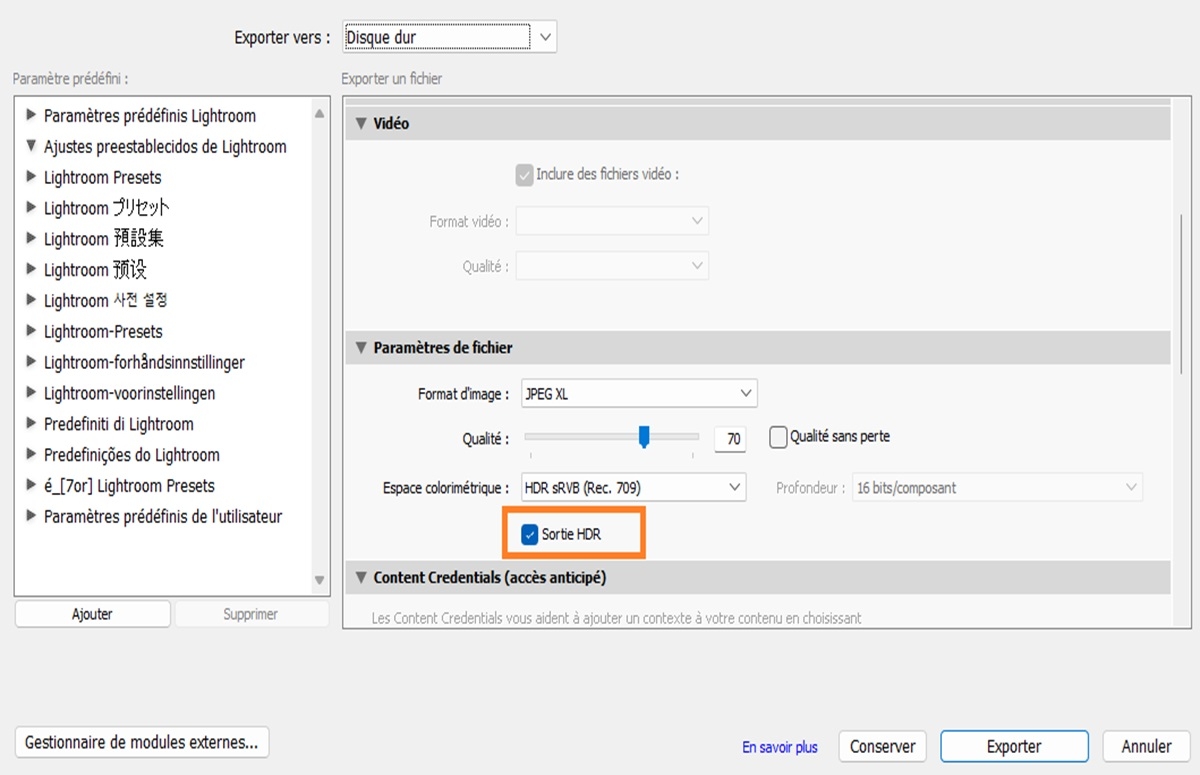Réglage d’exportation HDR