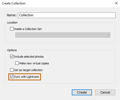Option Synchroniser avec Lightroom  dans la boîte de dialogue Créer une collection