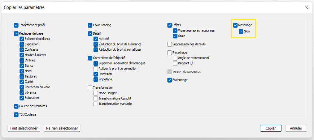Paramètres de copie de masquage
