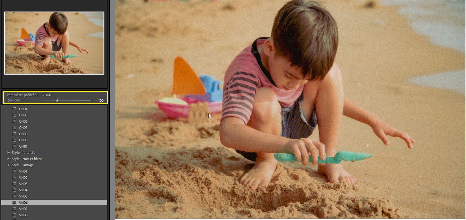 Curseur de la quantité prédéfinie dans Lightroom