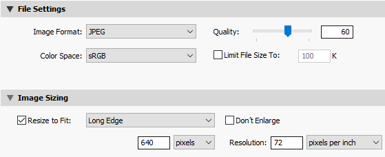 Paramètres de fichier et Dimensionnement de l’image dans la boîte de dialogue Exporter de Lightroom Classic CC