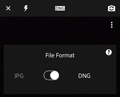 Sélectionnez le format de fichier de la photo capturée — JPG ou Adobe DNG