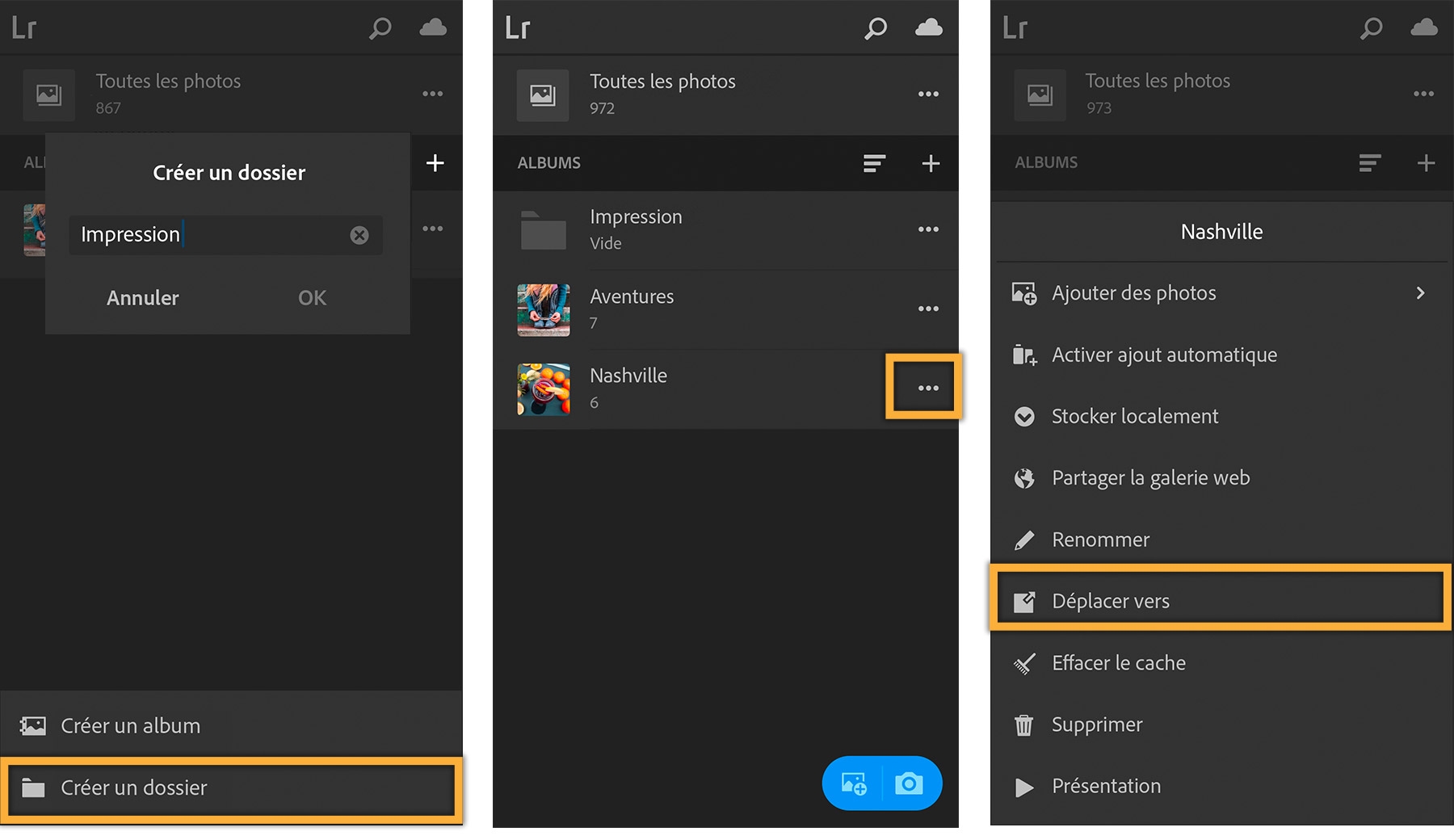 Pour créer des dossiers dans des albums, appuyez sur l’icône Plus (+) dans la liste des albums, puis sur Créer un dossier.