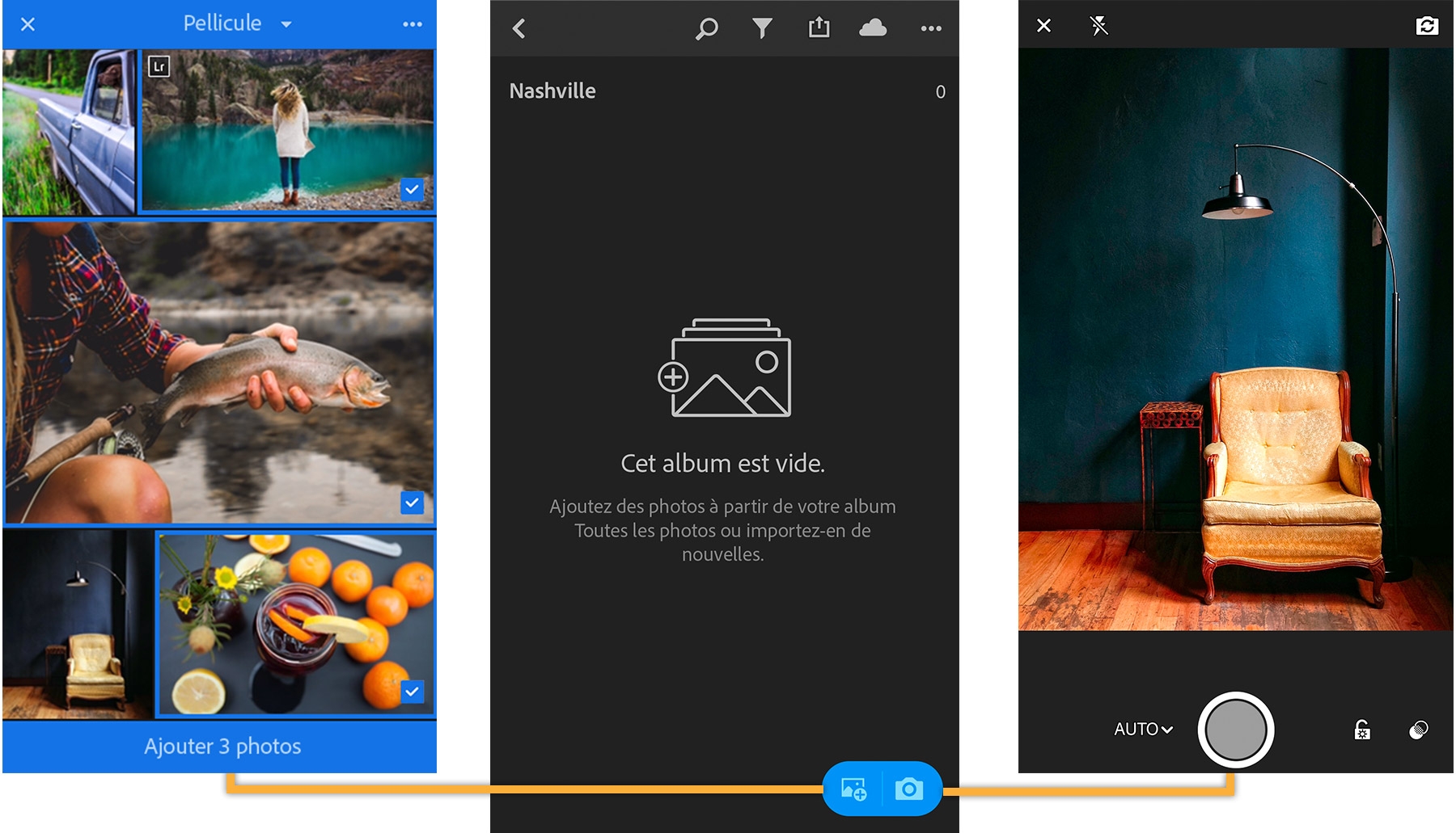 Ouvrez un album et appuyez sur le bouton bleu pour ajouter des photos à partir de la pellicule ou appuyez sur l’icône d’appareil photo pour prendre d’autres photos.
