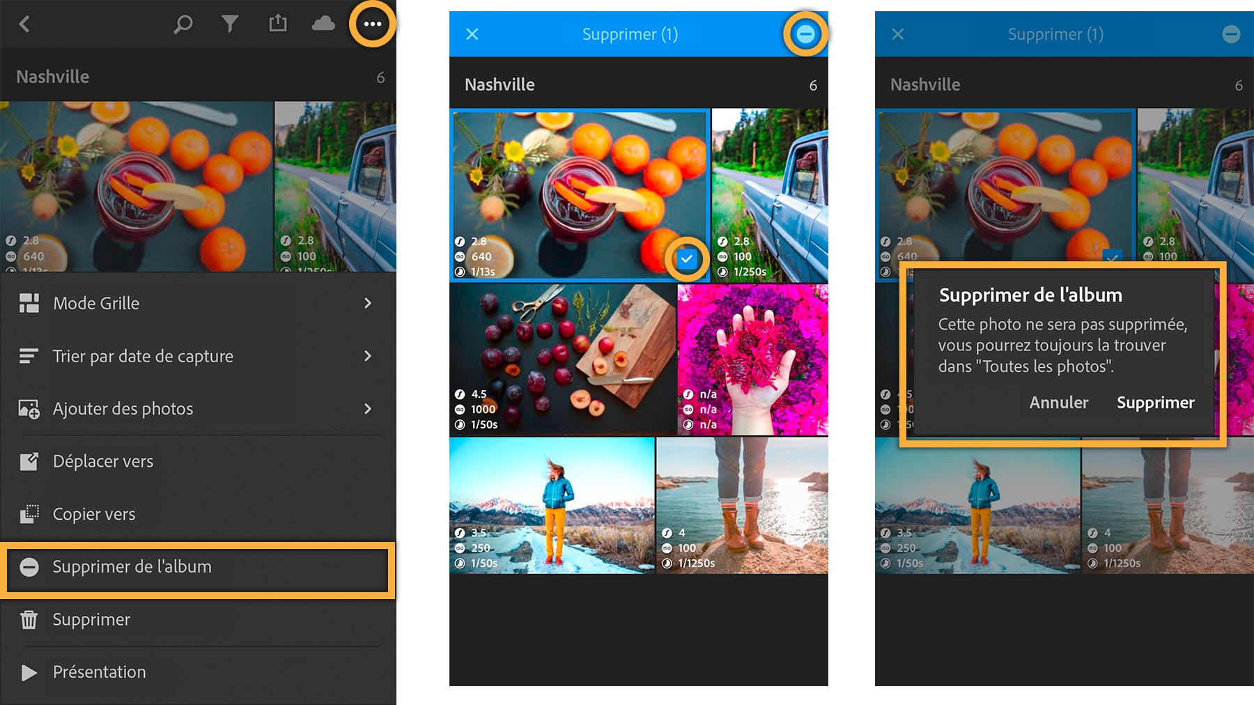 Ouvrez un album, appuyez sur les trois points, puis choisissez Supprimer de l’album. L’image est supprimée de l’album, mais reste dans Toutes les photos.