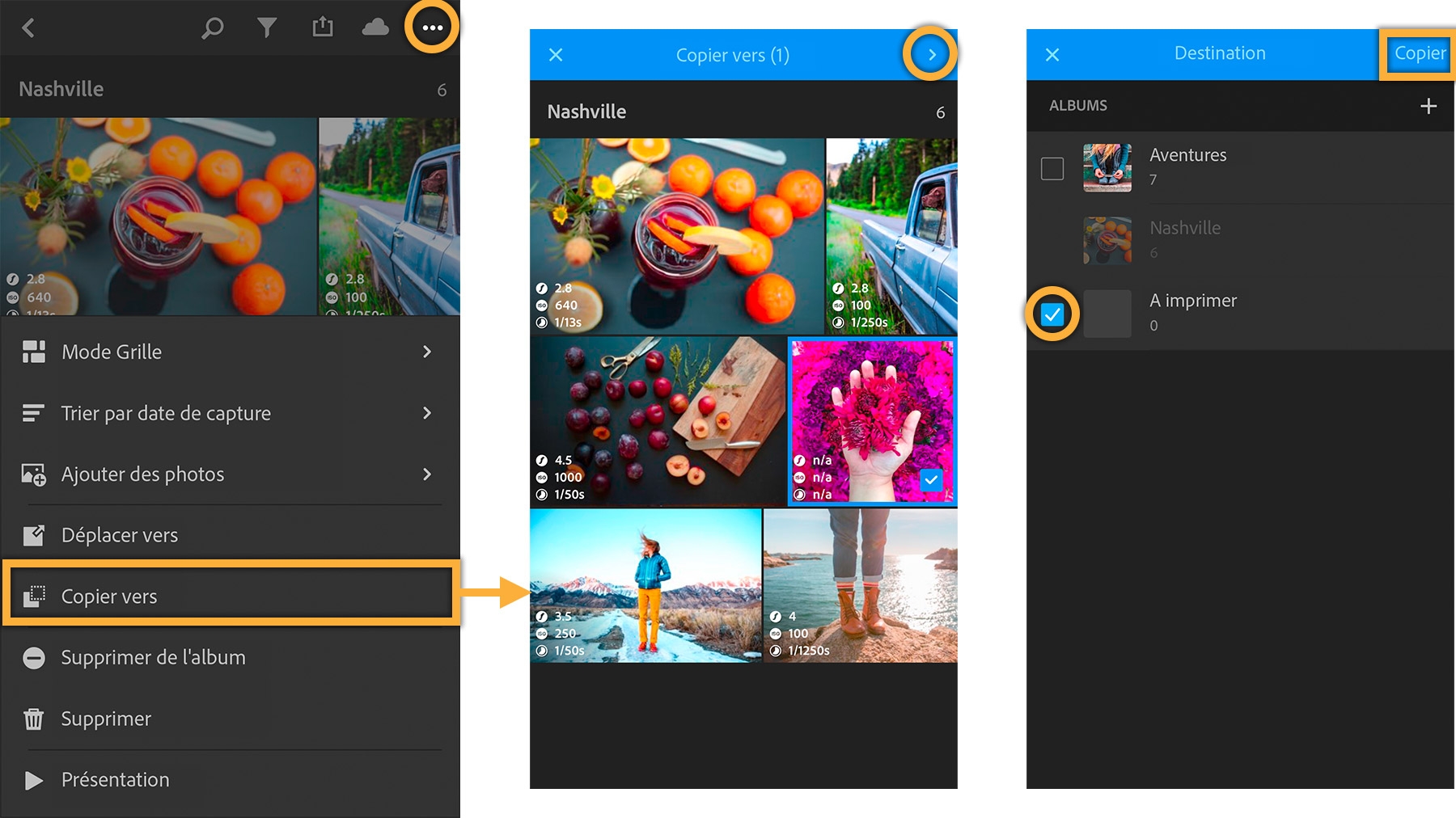Ouvrez un album, appuyez sur les trois points et choisissez Copier vers. Sélectionnez les photos à copier, puis l’album de destination.
