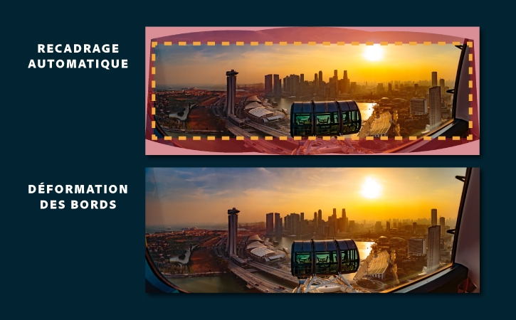 Haut : le recadrage automatique supprime des détails importants du panorama. Bas : la déformation des bords fusionne plusieurs photos et préserve les détails importants.