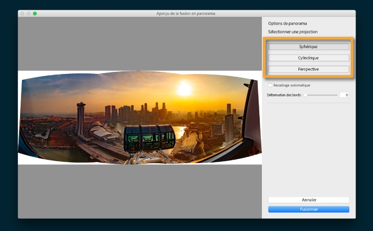 L’option de projection sphérique est sélectionnée et le panorama a des bords irréguliers de chaque côté.