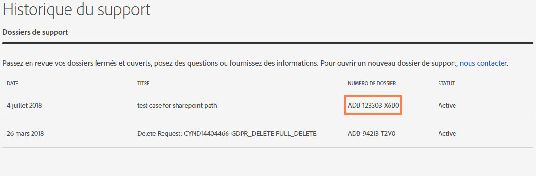 Cliquer sur le numéro de demande