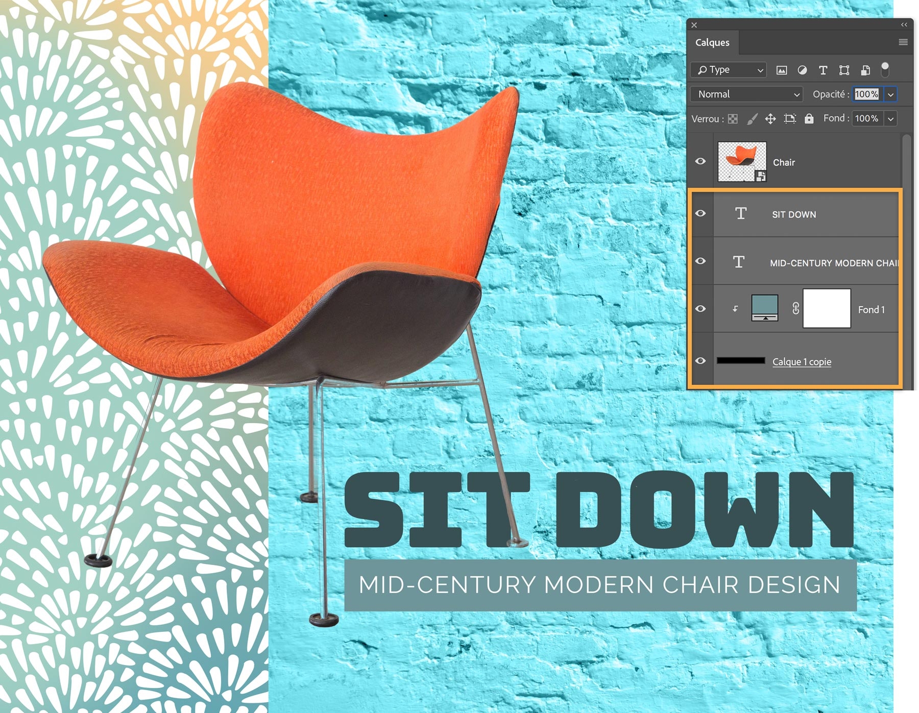 Titre bleu-gris foncé ajouté à l’image de la chaise pour finaliser la couverture du livre. Sous-titre en blanc placé dans un rectangle bleu-gris.