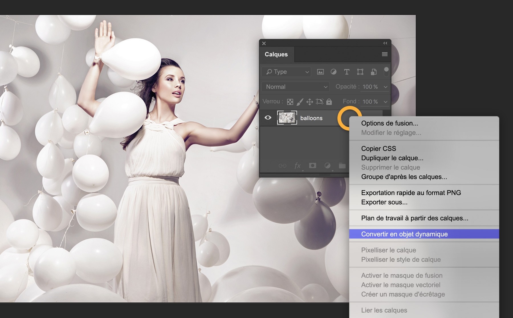Sélectionnez Convertir en objet dynamique dans le panneau Calques
