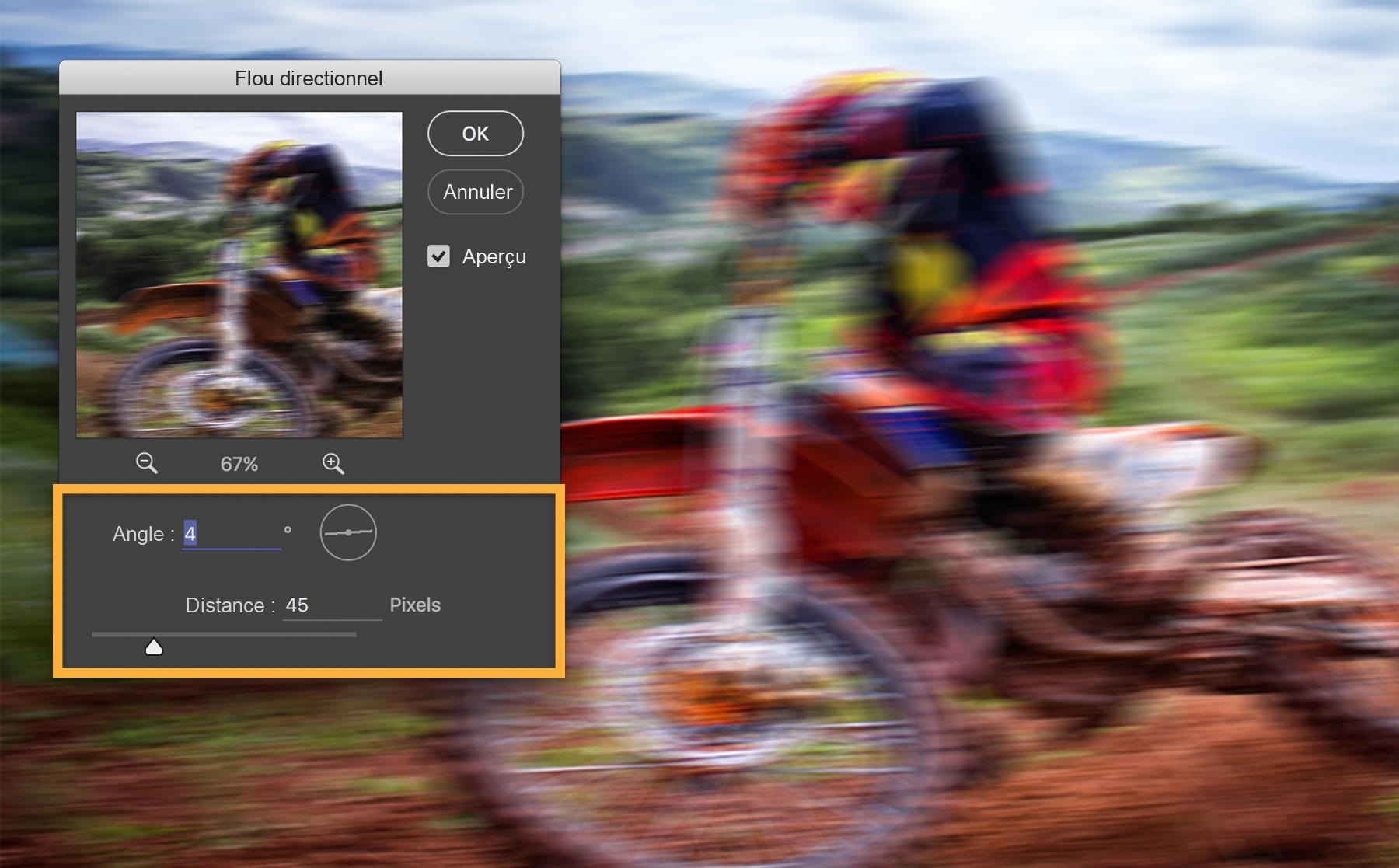 Réglez l’intensité du flou à l’aide du curseur Distance de la fenêtre Flou directionnel