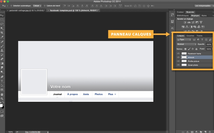 Fichier de template Facebook ouvert, panneau Calques affichant les calques Facebook frame, Artwork, Profile picture et Cover photo.