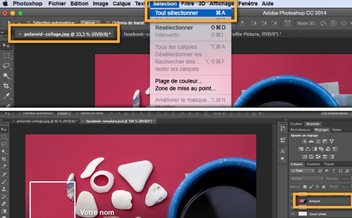 Dans le fichier de template Facebook, cliquez sur Sélection > Tout sélectionner, puis copiez votre photo de couverture et collez-la dans le calque Artwork.