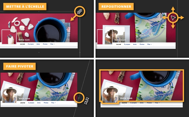 Il est possible de mettre à l’échelle, de repositionner et de faire pivoter la photo de couverture à l’aide de l’outil Édition > Transformation manuelle. Une fois les modifications effectuées, appuyez sur Entrée.