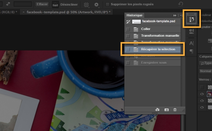 Après avoir enregistré la photo de profil, annulez les deux étapes précédentes dans le panneau Historique pour recharger la photo de profil dans l’image de couverture.