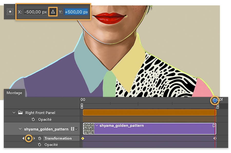 Panneau Montage affichant les marques pour l’animation des images clés