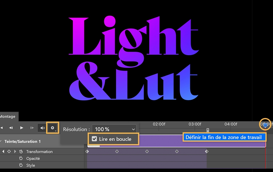 Panneau Montage de Photoshop avec case Lire en boucle cochée et option Définir la fin de la zone de travail sélectionnée à la fin du montage