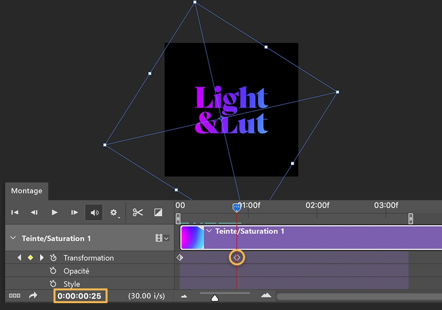 Image clé à 25 millisecondes pour la propriété Transformation du calque Teinte/Saturation, cadre de sélection autour de l'illustration incliné vers la droite