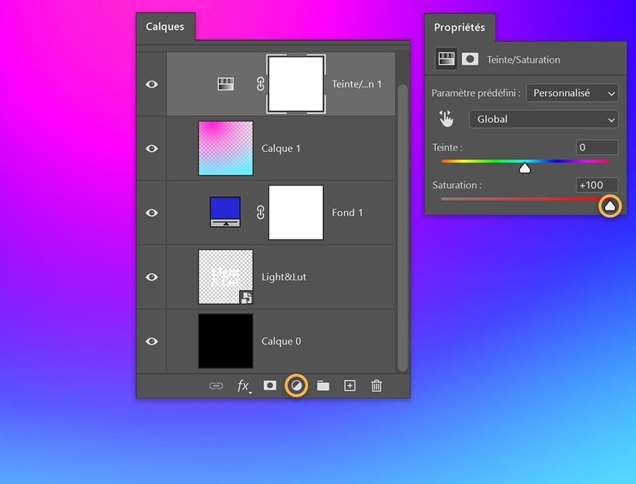 Panneau Calques contenant un calque de réglage Teinte/Saturation au-dessus du calque de dégradé ; propriétés TSL indiquant une saturation supérieure à 100