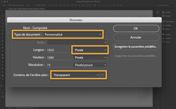 Fenêtre Nouveau fichier ouverte. Le type de document est sélectionné, l’unité de mesure est en pixels et le contenu de l’arrière-plan est transparent.