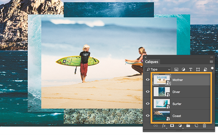 Ajout d’autres images dans le document par glisser-déposer. Chaque image apparaît dans un calque individuel. 