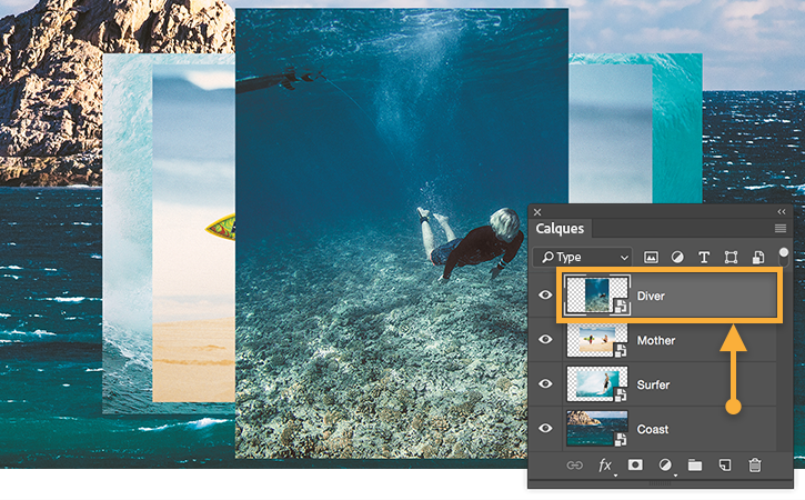 Déplacement des calques par cliquer-déposer depuis le panneau Calques pour faire apparaître les images devant ou derrière les autres.