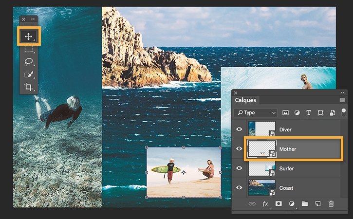 Utilisation de l’outil Déplacement pour repositionner les images. Utilisation de Ctl+T ou de Cmd+T pour mettre à l’échelle, incliner et redimensionner les images. 