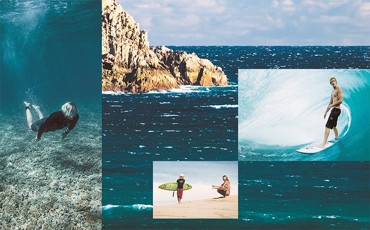 Composition montrant un homme nageant sous l’eau, une falaise bordée par l’océan, un surfeur sur une vague et un surfeur sur une plage.  