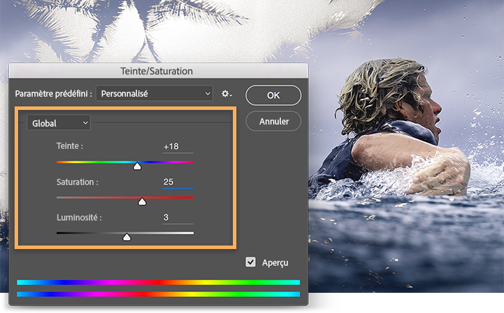 Image > Réglages > la fenêtre Teinte/Saturation est ouverte, réglage des curseurs pour ajuster la vibrance de la composition.