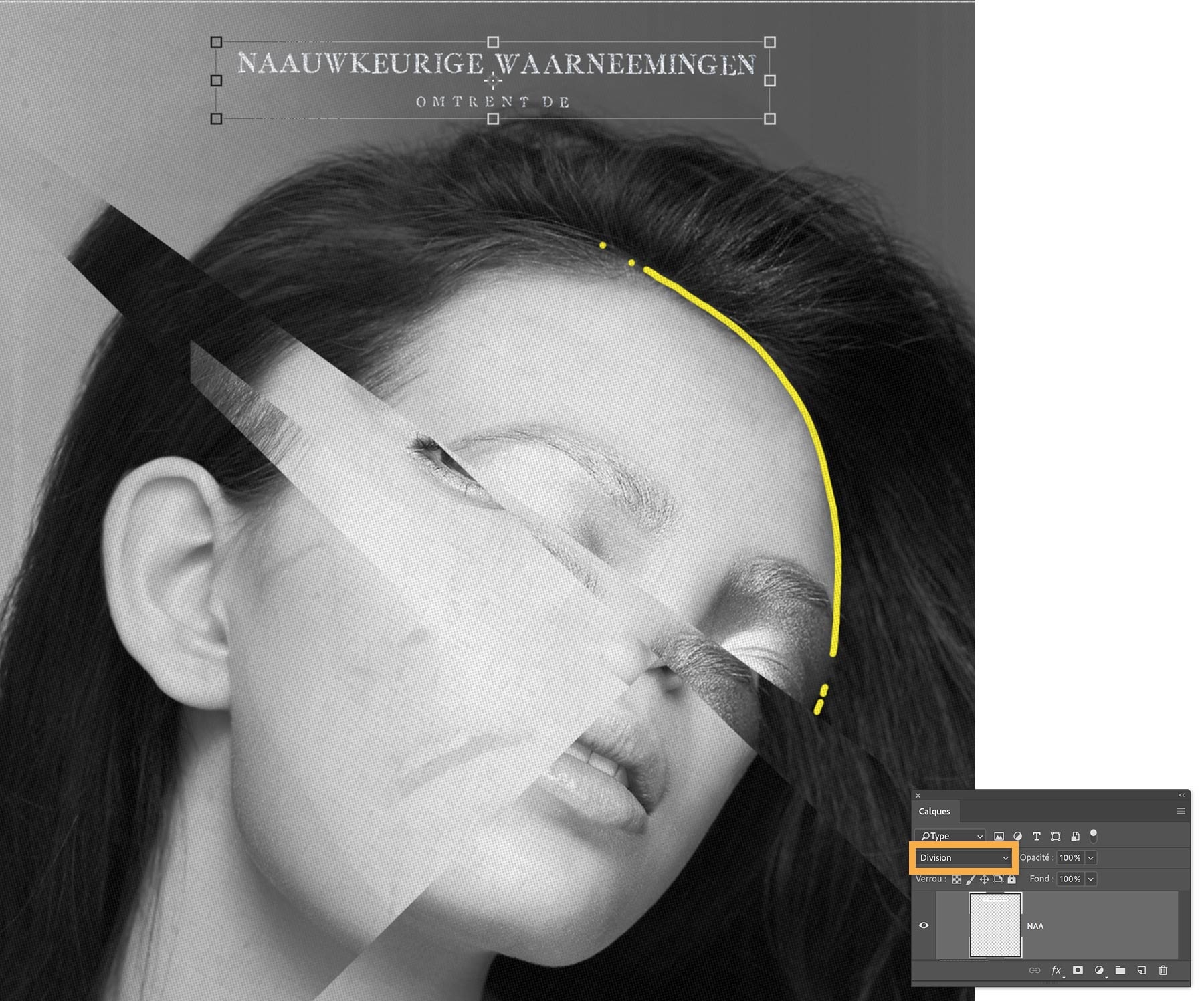 Le texte est positionné en haut du collage, au-dessus de la tête de la femme. L’option Division du mode de fusion est utilisée pour inverser la couleur.