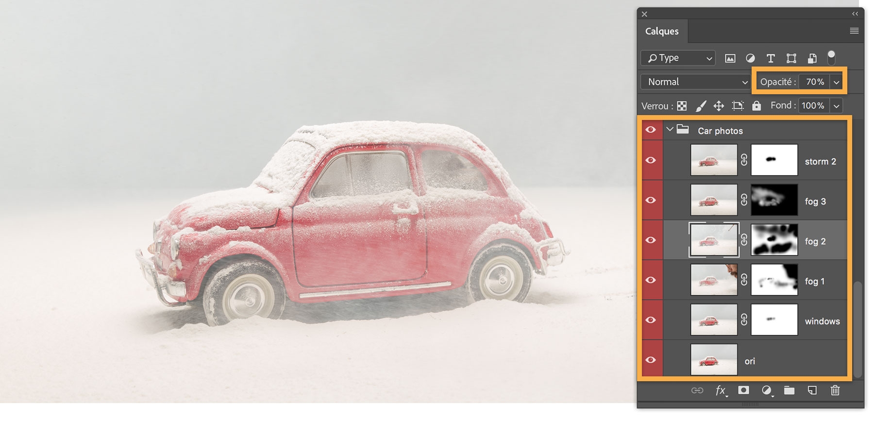 Aperçu de la voiture sous la neige ; le panneau Calques contient 6 calques dont 5 avec des masques de fusion, 1 masque pour les fenêtres, 3 pour le brouillard et 1 pour la tempête
