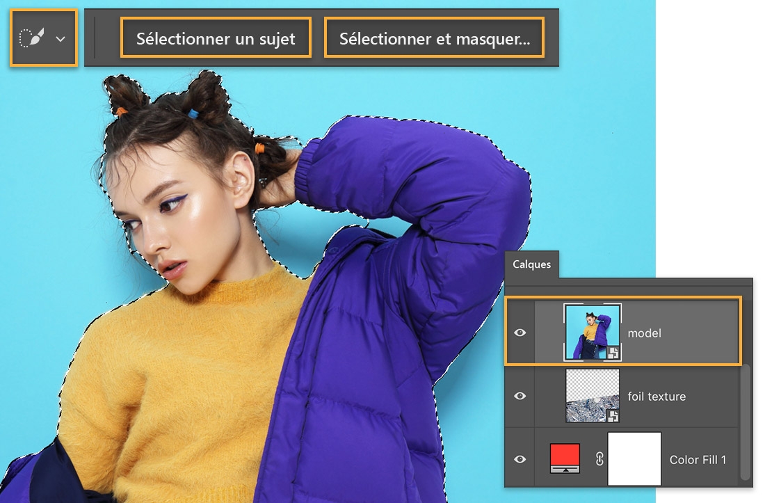 Dans le panneau Calques, l'image du mannequin est encadrée. Dans la zone de travail, le fond bleu d'origine est toujours présent. L'outil Sélection rapide et les commandes Sélectionner un sujet et Sélectionner et masquer sont encadrés en haut.