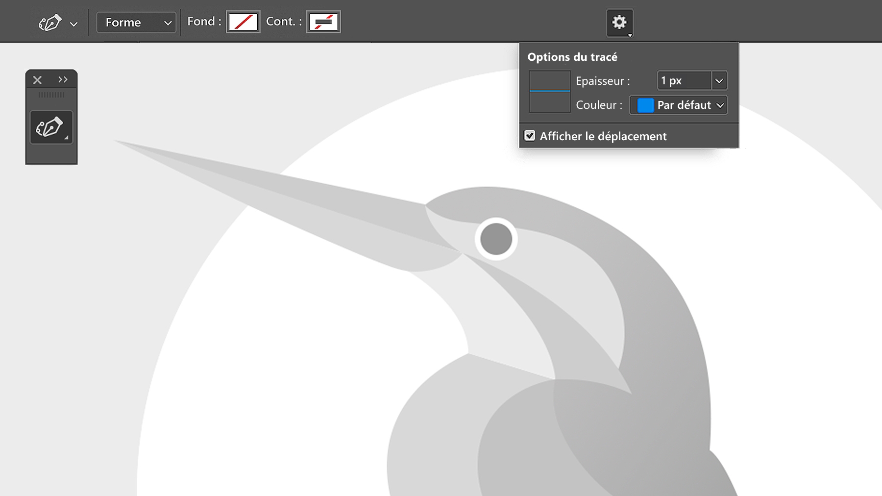 Dessin d’oiseau en noir et blanc avec l’option de tracé Afficher le déplacement sélectionnée pour mieux visualiser les tracés de la composition.