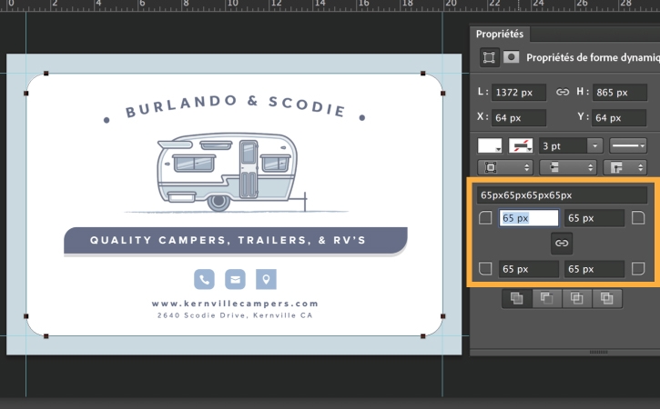Le panneau Propriétés est ouvert. Les rayons des angles sont réglés sur 65 pixels. Le rectangle blanc a maintenant des angles arrondis.
