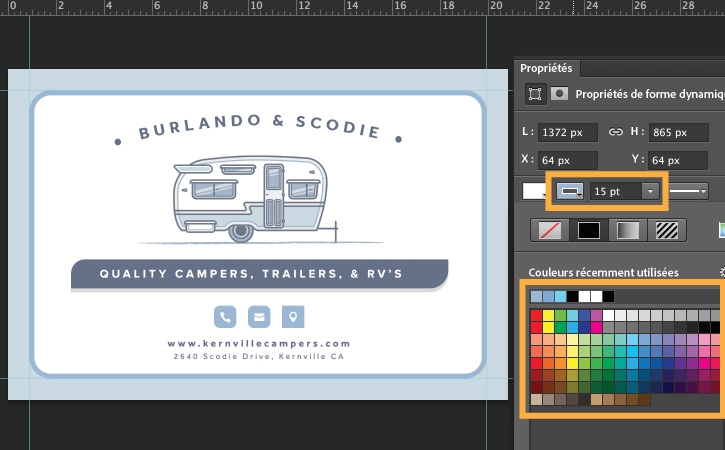 Le panneau Propriétés est ouvert. Un contour bleu clair est ajouté. Le rectangle blanc a maintenant une bordure bleu clair.