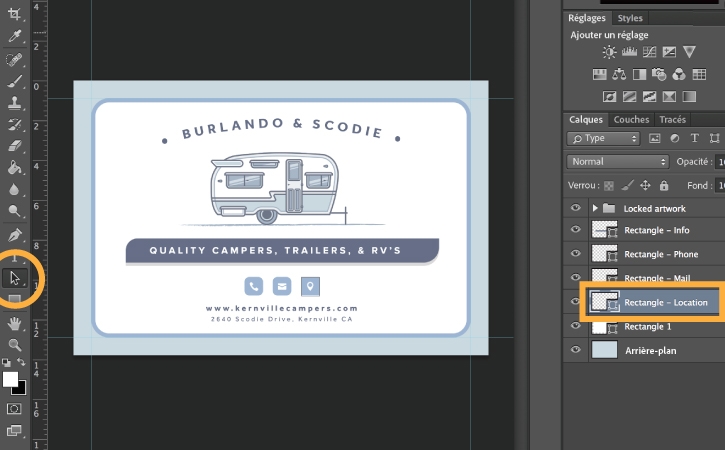 L’outil de sélection de tracé est sélectionné, le calque Rectangle – Location est surligné pour être modifié.