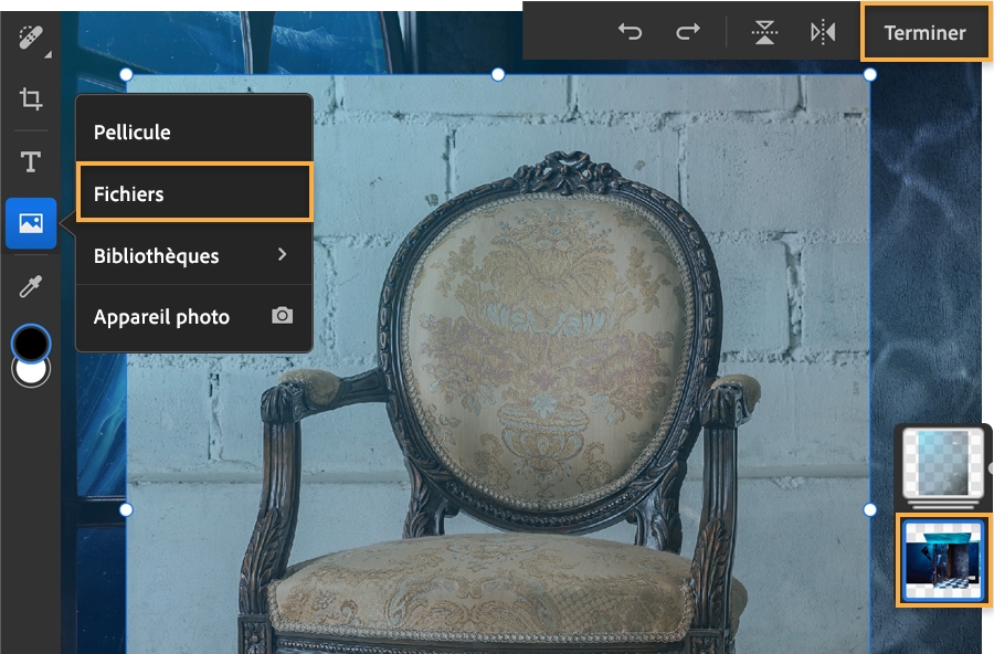 Option Importer des photos sélectionnée, fauteuil avec mur en arrière-plan au milieu, options de transformation de l'image en haut.