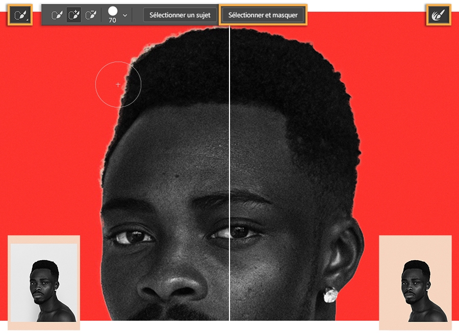 Gros plan sur le visage et les cheveux d’un homme ; l’option Sélectionner et masquer est encadrée et l’arrière-plan est désormais rouge
