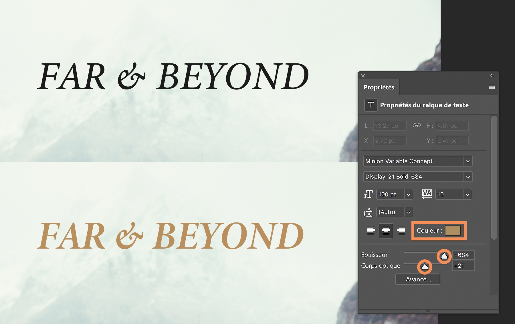 Texte « Far & Beyond » en italique, en regard du panneau Propriétés, pour un changement de couleur, d’épaisseur et de corps optique