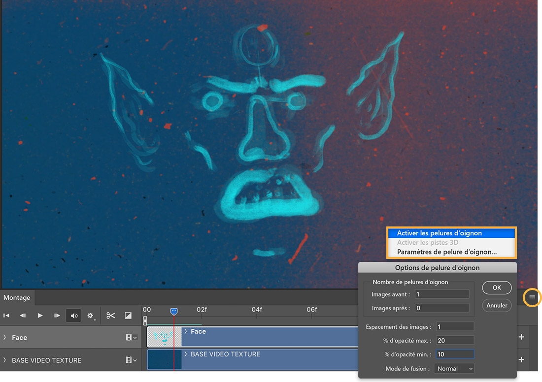 Esquisse d’un visage bleu sur la zone de travail, option Activer les pelures d’oignon sélectionnée dans le menu latéral du panneau Montage, et opacité minimale définie à 10 % dans la fenêtre Options de pelure d’oignon