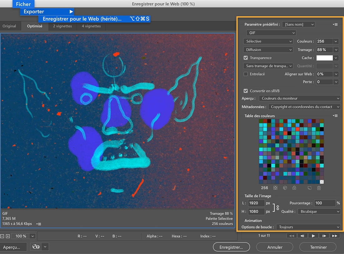 Commande Fichier > Exporter > Enregistrer pour le Web (hérité) sélectionnée dans le menu supérieur, paramètre prédéfini GIF sélectionné dans les options d’exportation et champ Options de boucle défini sur Toujours