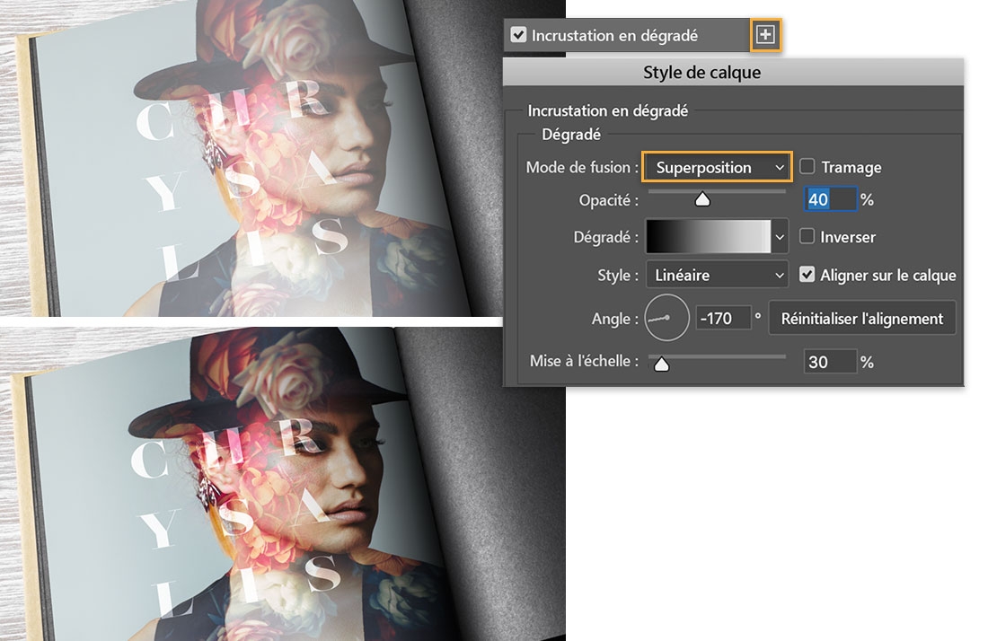 Application d'une troisième incrustation en dégradé ; en haut, image terne du modèle ; en bas, image plus lumineuse ; mode de fusion Superposition